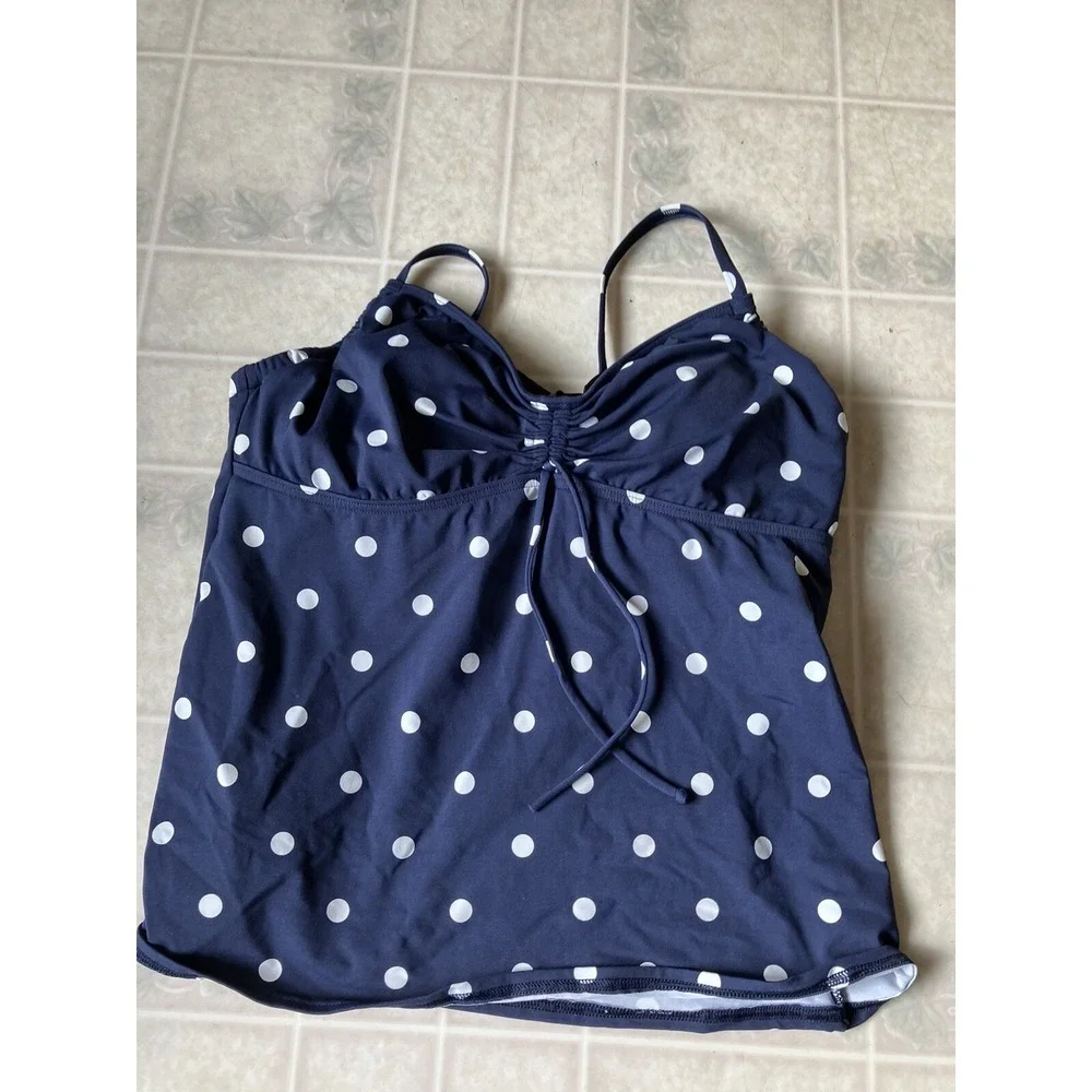 Lands' End Sz 12 Tankini Top Navy Blue Polka Dot Unlined‎ Underwire Support